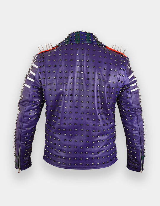 Men's Purple & Green Studded Leather Jacket with Patches
Brando Style | Belted Collar Waist | Stylish Motorbike Jacket